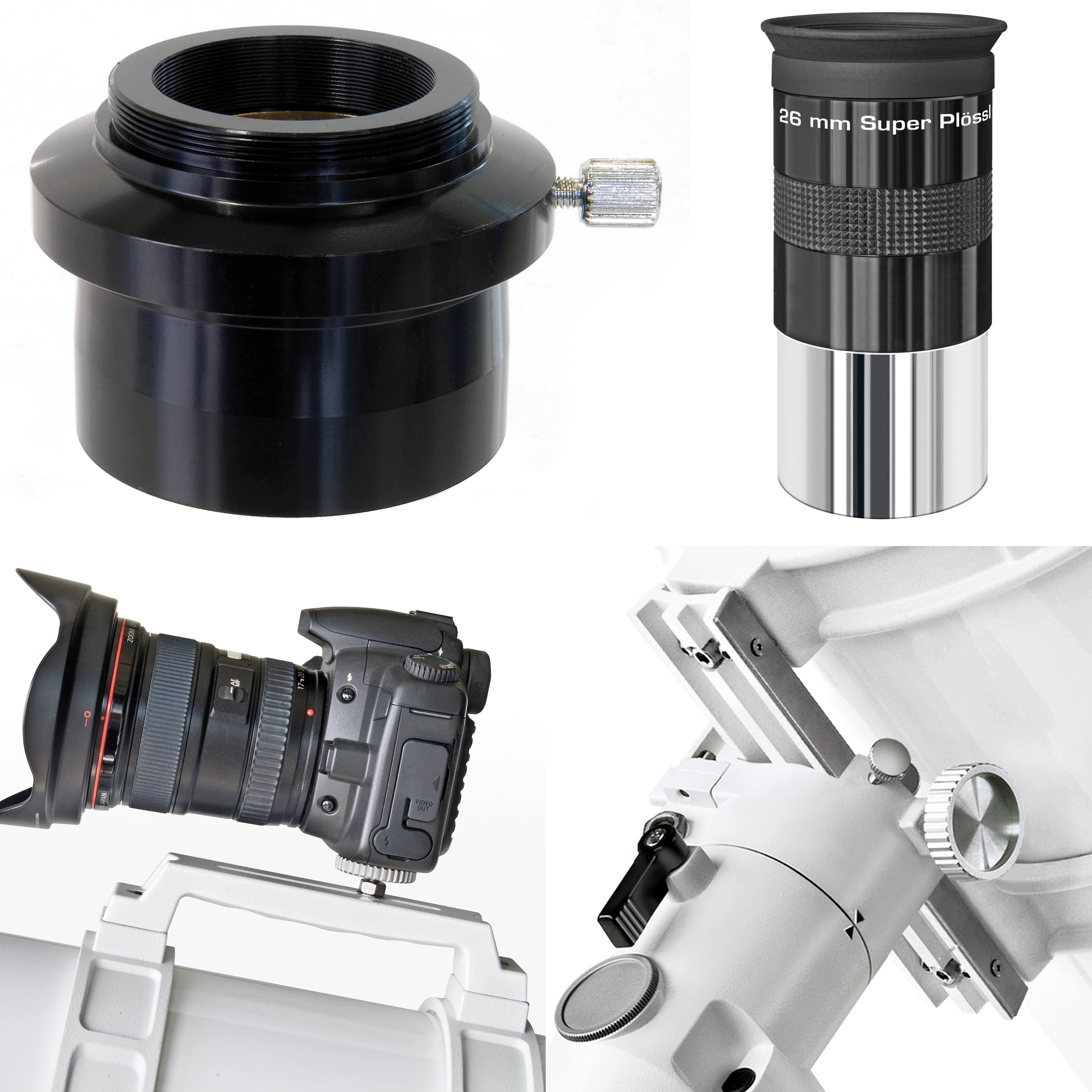 Vier astronomische Artikel: ein Adapter, ein Okular, eine Kamera auf einer Halterung und eine Teleskophalterung.