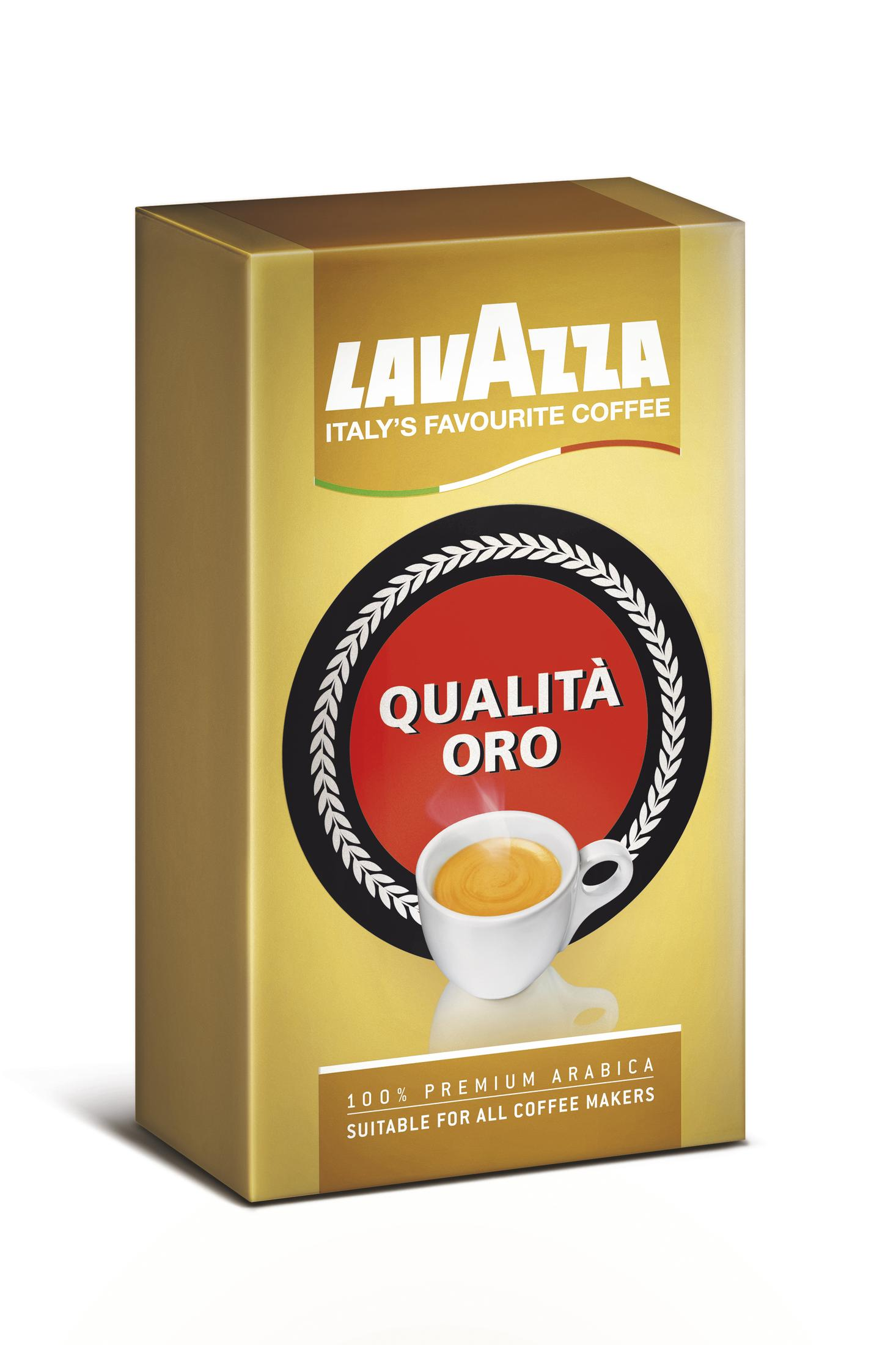 Una scatola di caffè dorata con l'etichetta 'Lavazza', con 'Qualita Oro' in un cerchio rosso e una tazza di caffè.