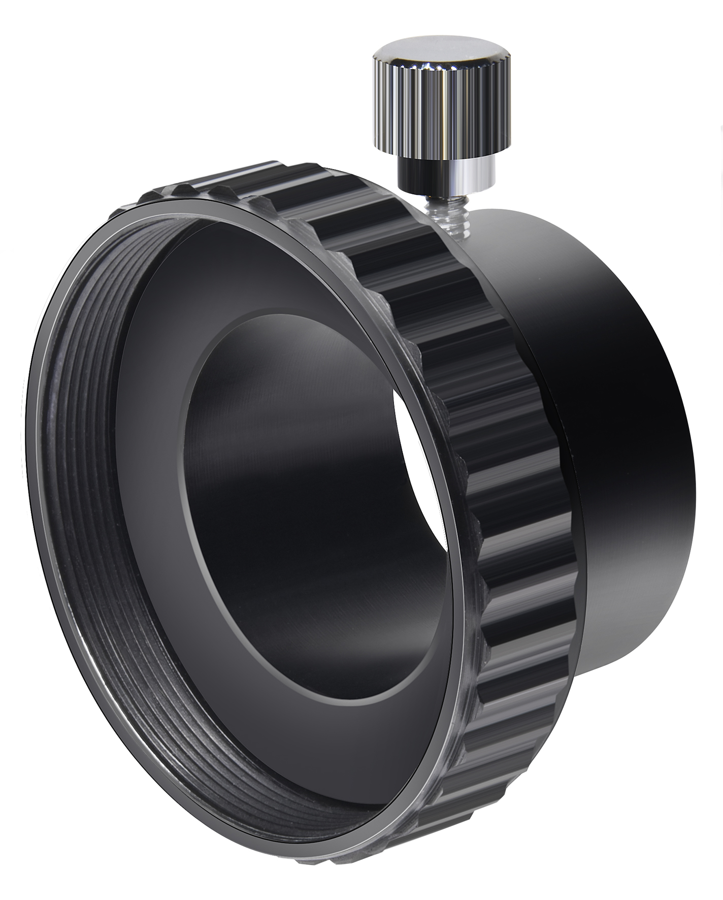 Un anillo de metal negro con un tornillo de ajuste plateado, aislado sobre un fondo blanco.
