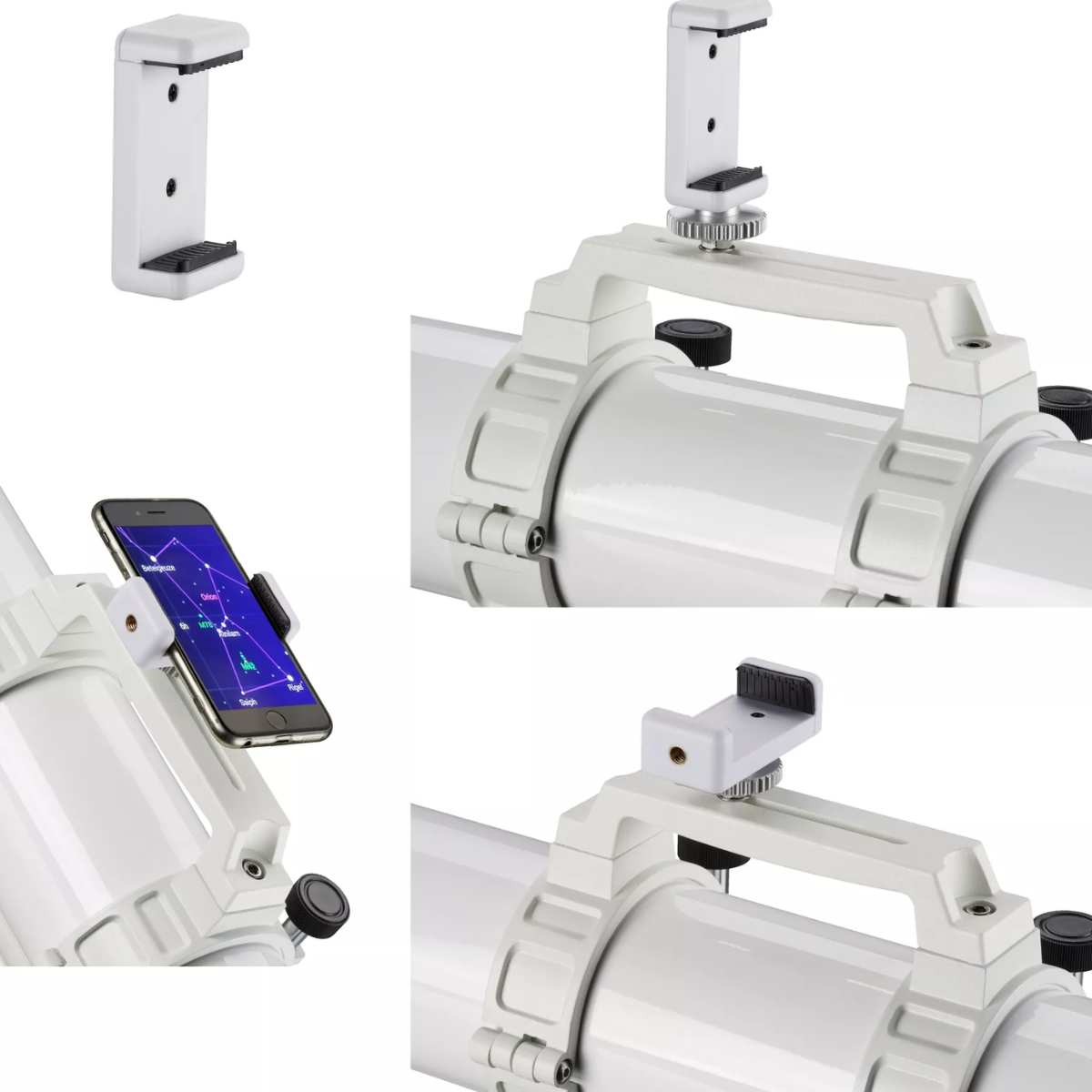 Telescopio blanco con teléfono adjunto. El teléfono muestra un mapa estelar. Se muestra otro soporte para teléfono.