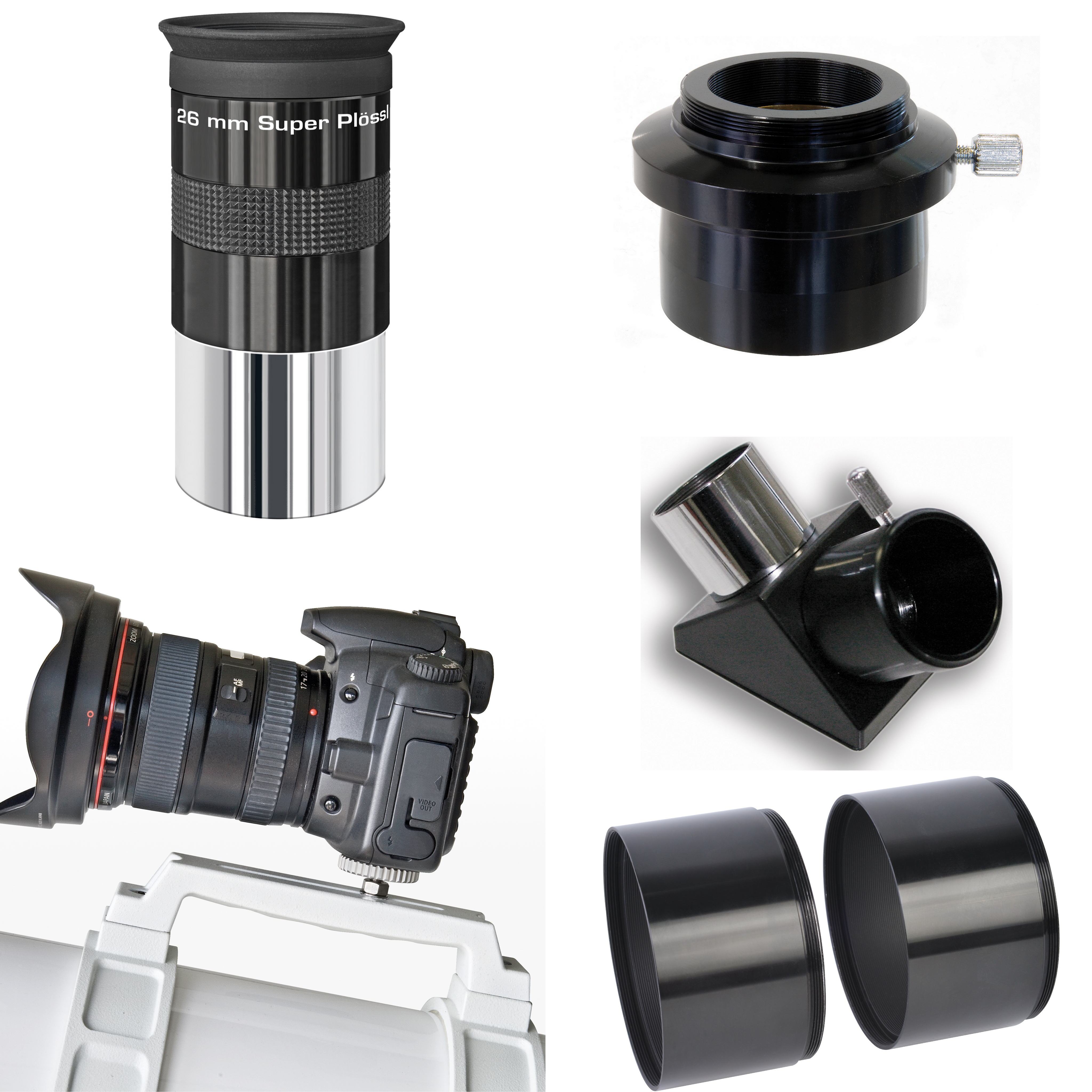 Varios accesorios de telescopio: oculares, adaptador, una cámara acoplada y un prisma.