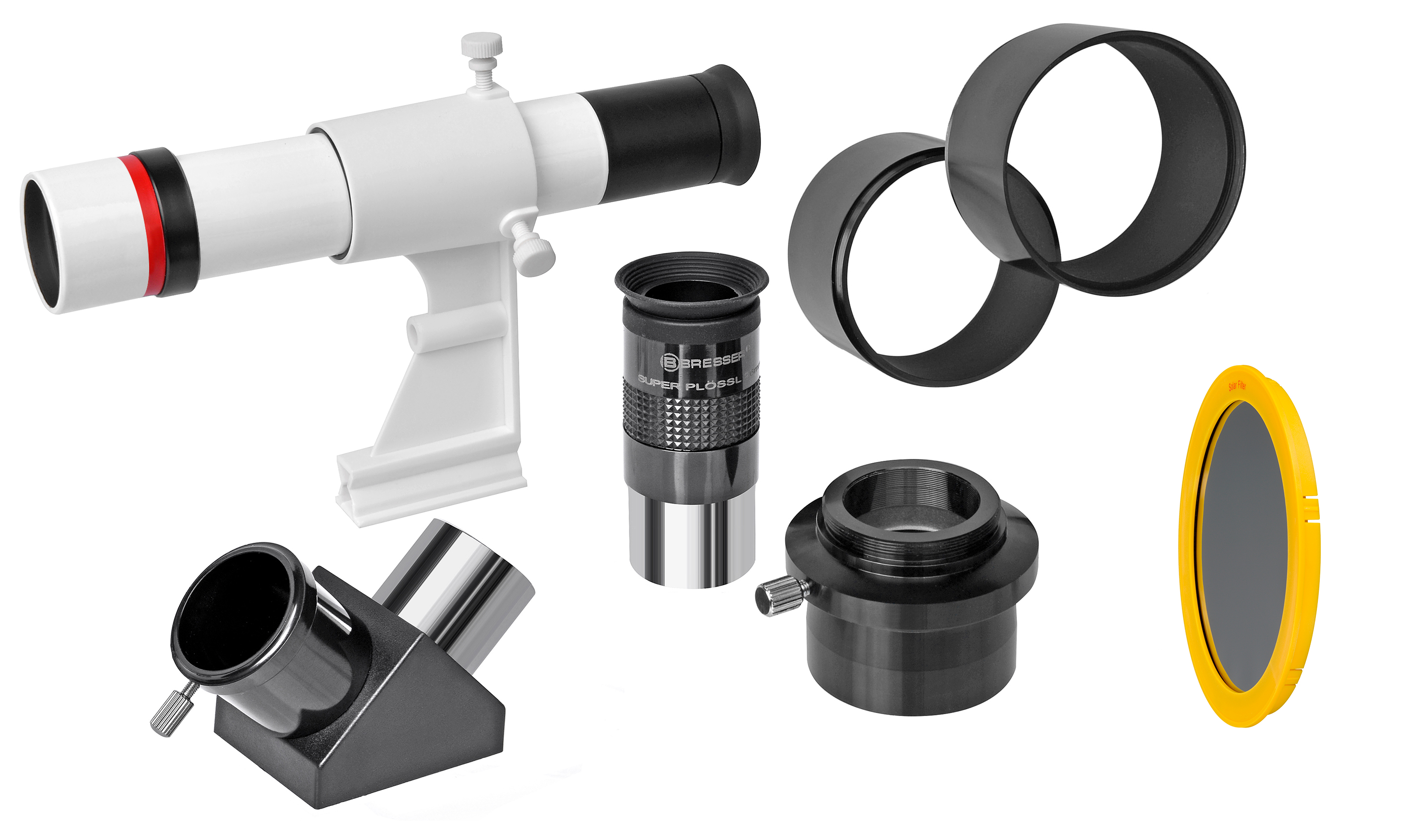 Una colección de piezas de telescopio, blanco y negro, sobre fondo blanco.