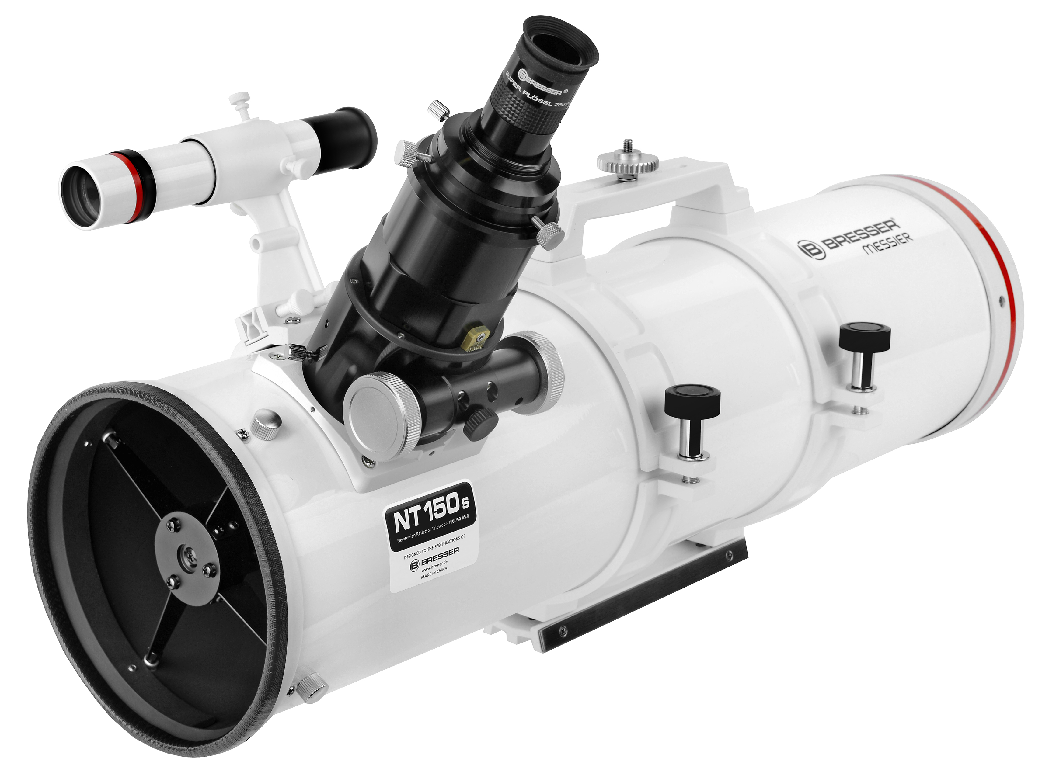 Telescopio blanco con componentes negros. Tiene un visor secundario y un asa. La marca es visible.