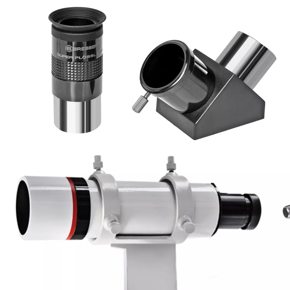 Una configuración de telescopio con un ocular, un espejo diagonal y el tubo principal.