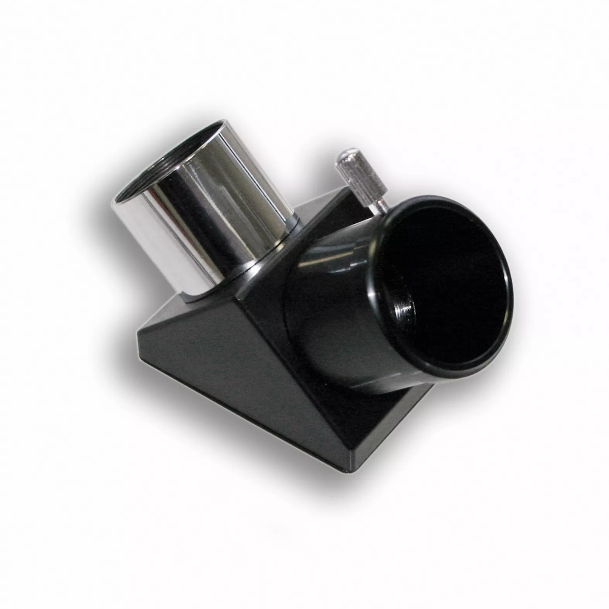 Accesorio de telescopio negro y plateado. Tiene dos aberturas anguladas, con una parte superior plateada.
