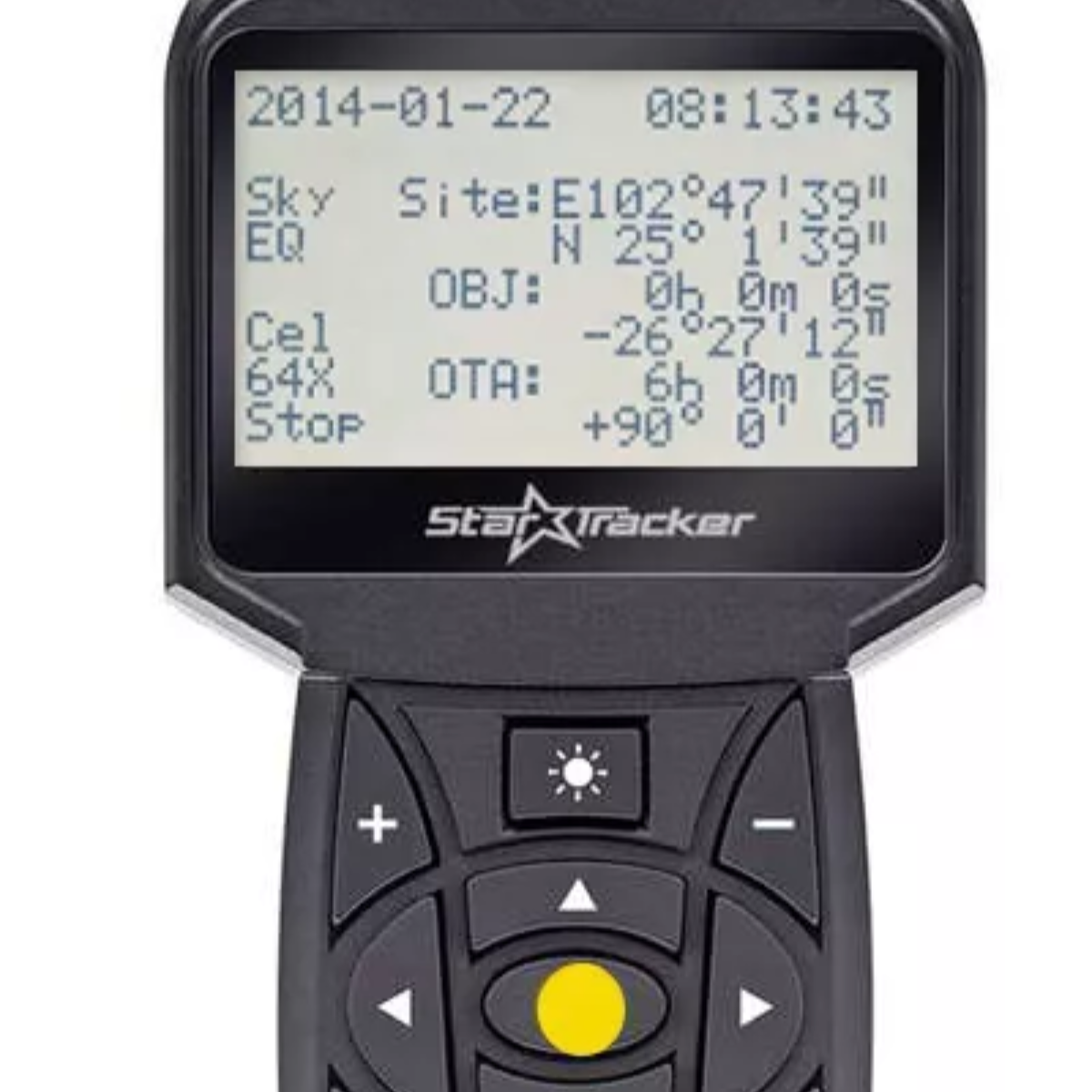 Dispositivo StarTracker negro con pantalla que muestra fecha/hora y coordenadas.