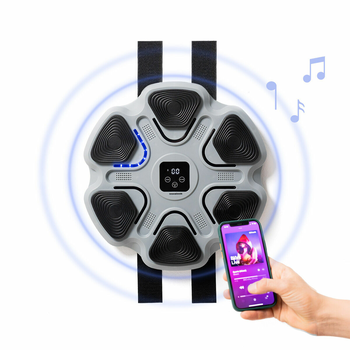 Ein Smart-Gerät mit kreisförmigem Design, ein Telefon mit Musik und Noten.