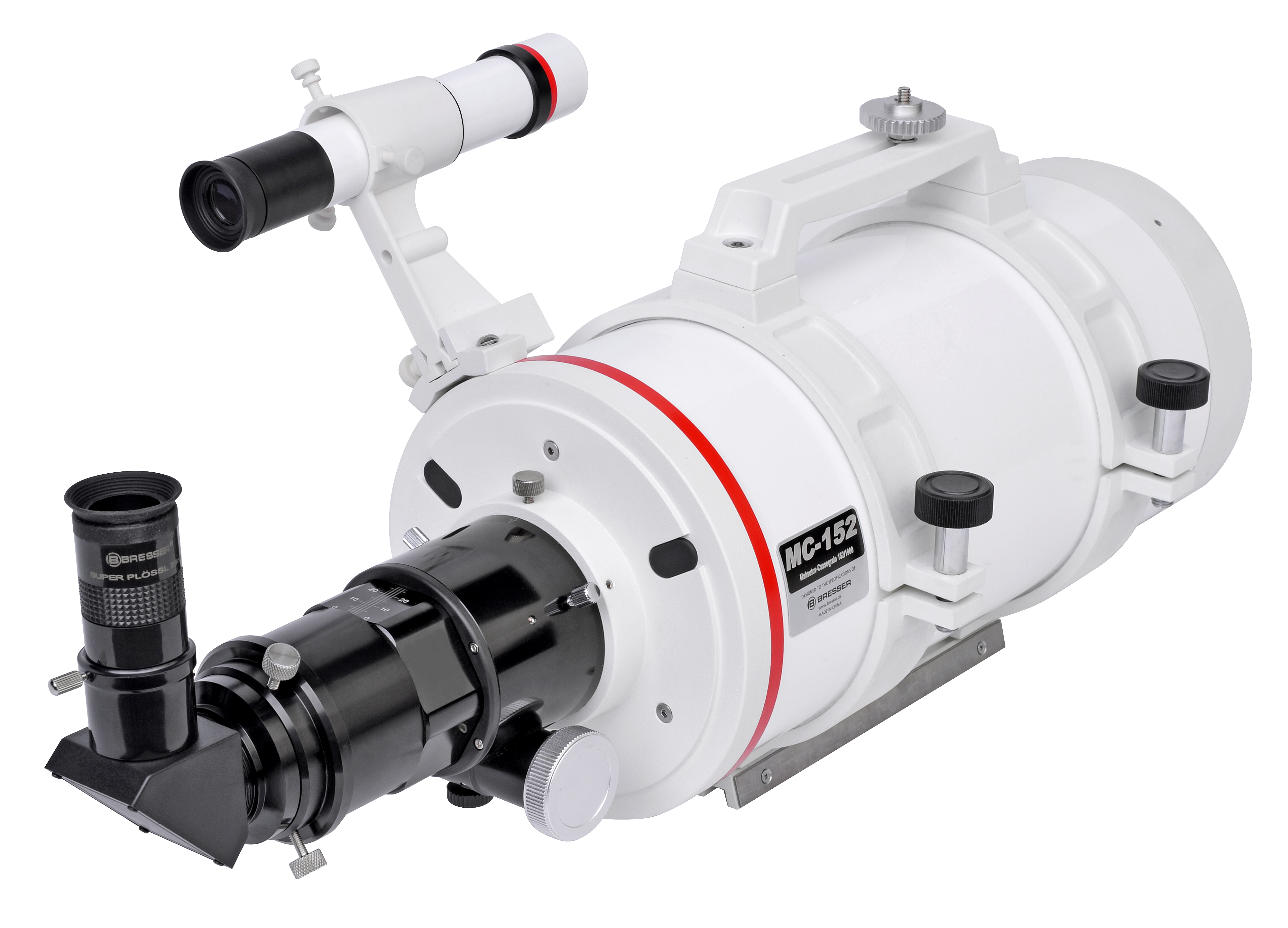 Un telescopio blanco con detalles en rojo. Montado en un soporte blanco, tiene varios accesorios.