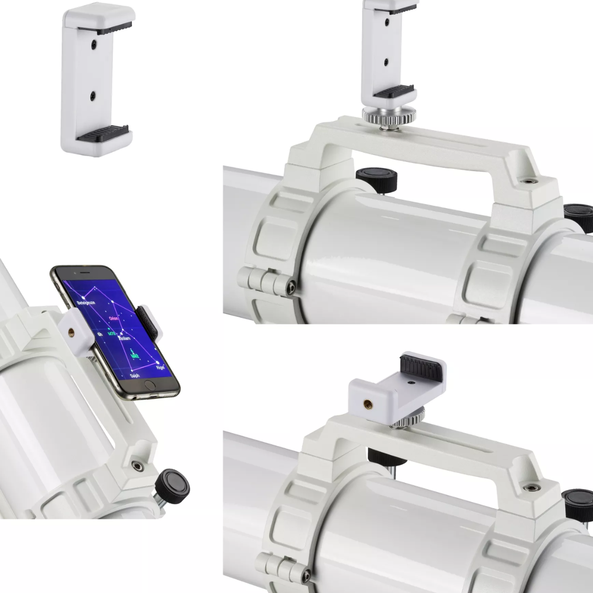 Un smartphone montado en un telescopio, con un soporte blanco. La imagen muestra una aplicación de constelaciones.