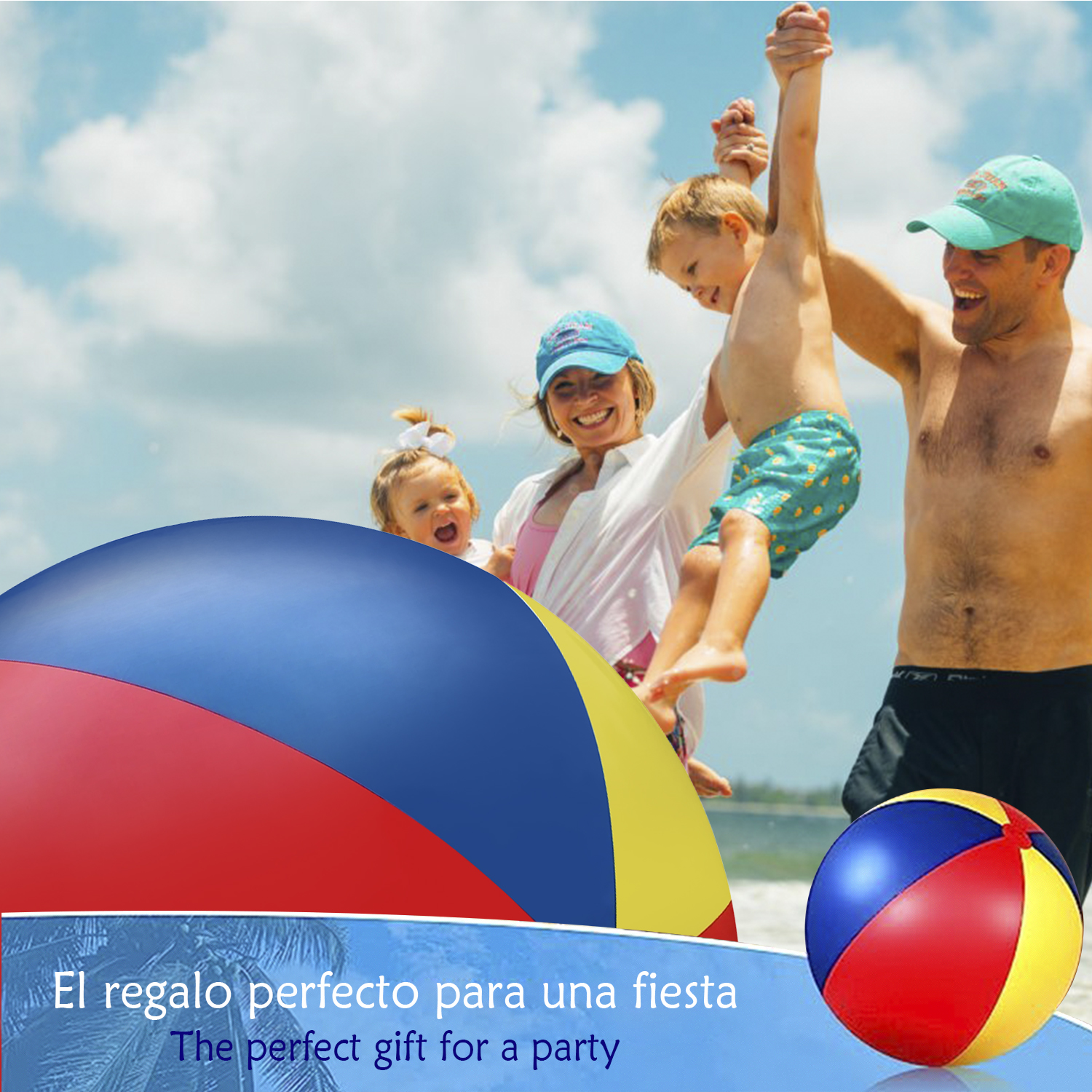 Familia en la playa con pelota, escena feliz con texto 'regalo perfecto'.