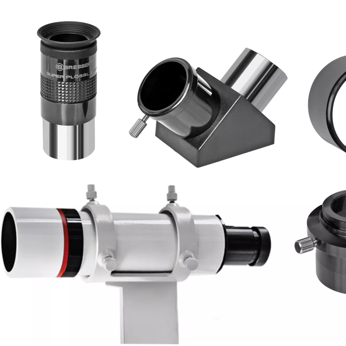 Se muestran múltiples accesorios de telescopio, incluyendo oculares, un espejo diagonal y un cuerpo de telescopio.