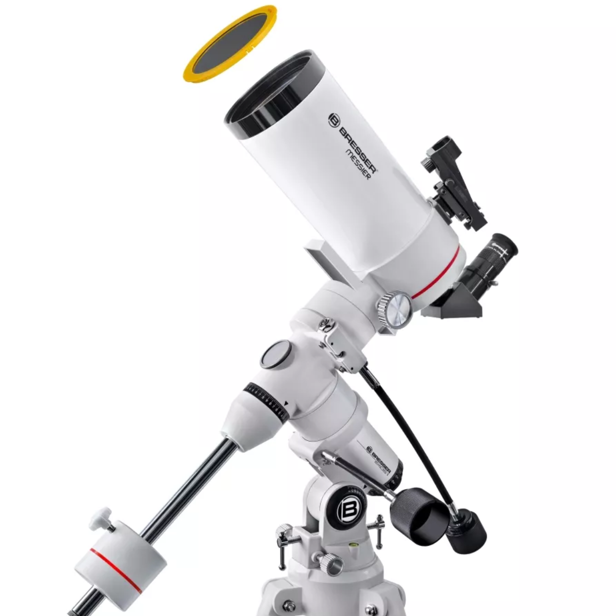 Un telescopio blanco con un ocular y una tapa de lente amarilla. Está sobre un fondo blanco.