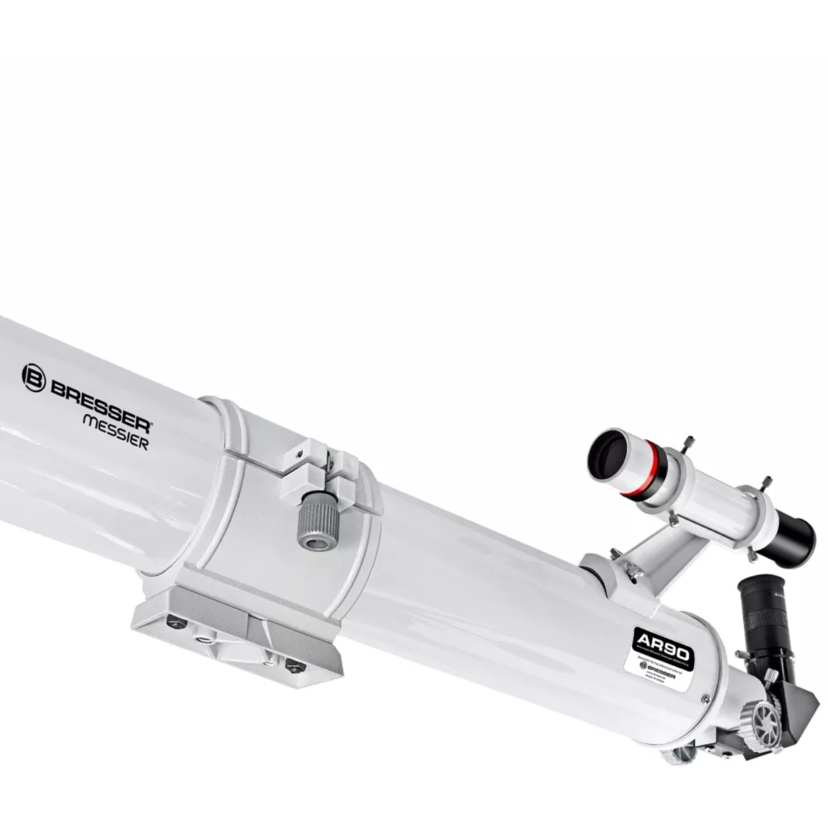Weißes Teleskop mit Zweitlinse und Bresser Messier Markenlogo.
