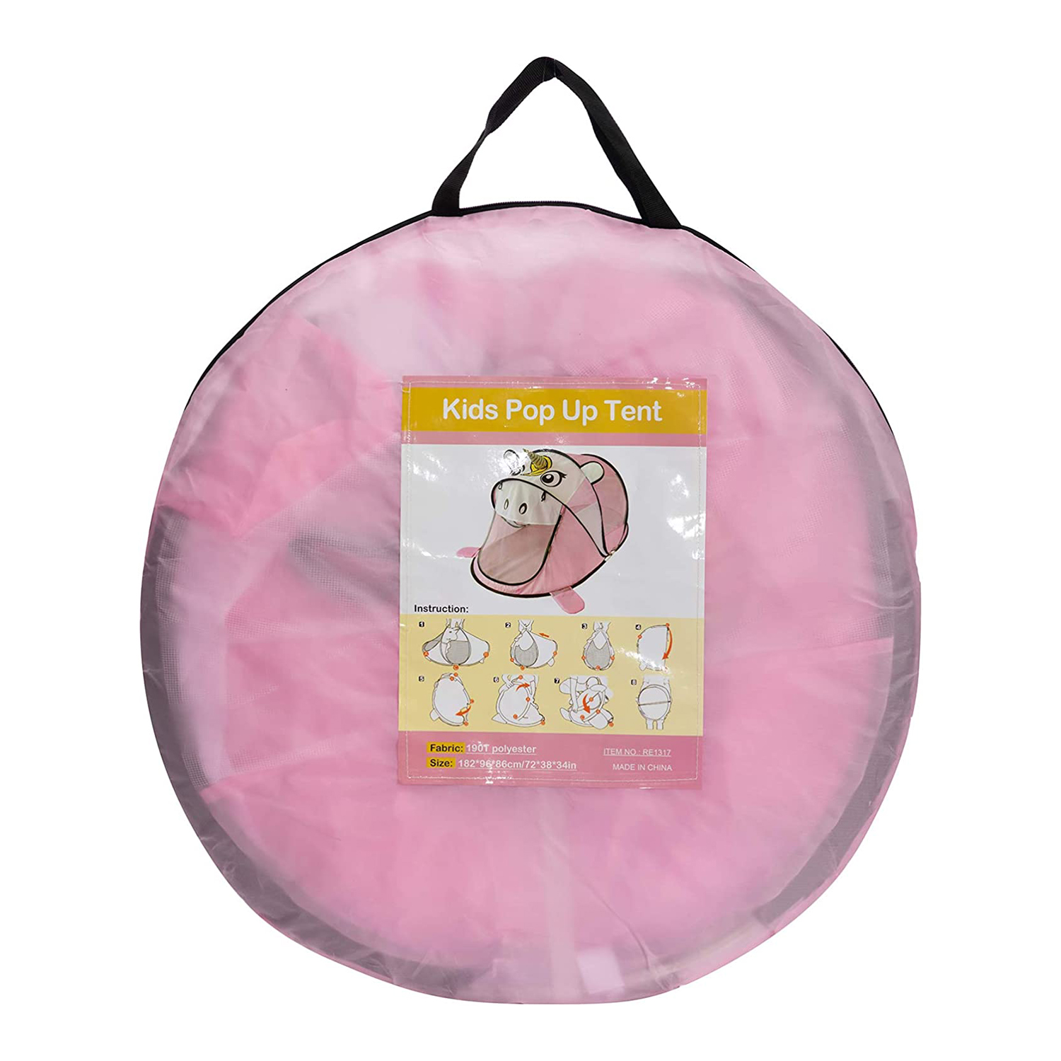 Una tienda de campaña emergente rosa para niños en su bolsa de almacenamiento, con ilustración.