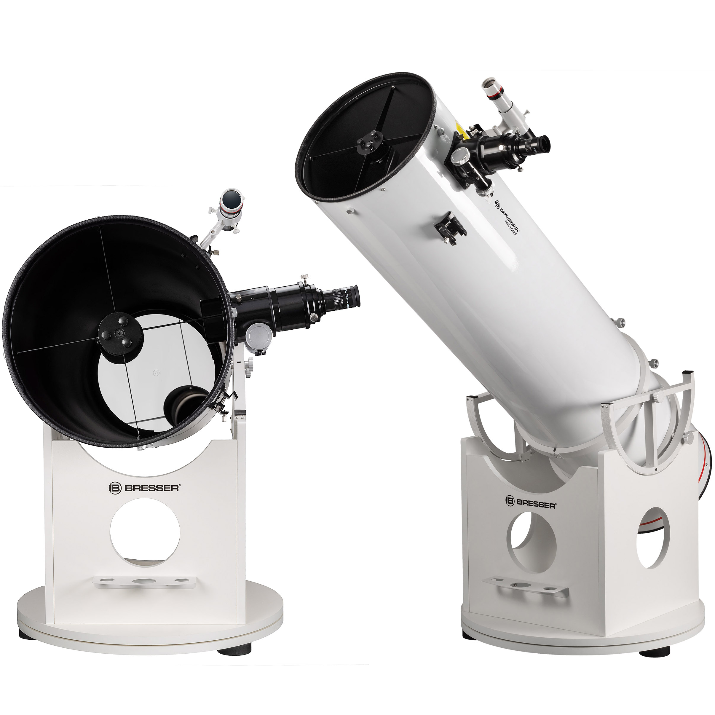 Dos telescopios blancos contra un fondo blanco. Uno está montado, el otro desmontado, mostrando partes internas.