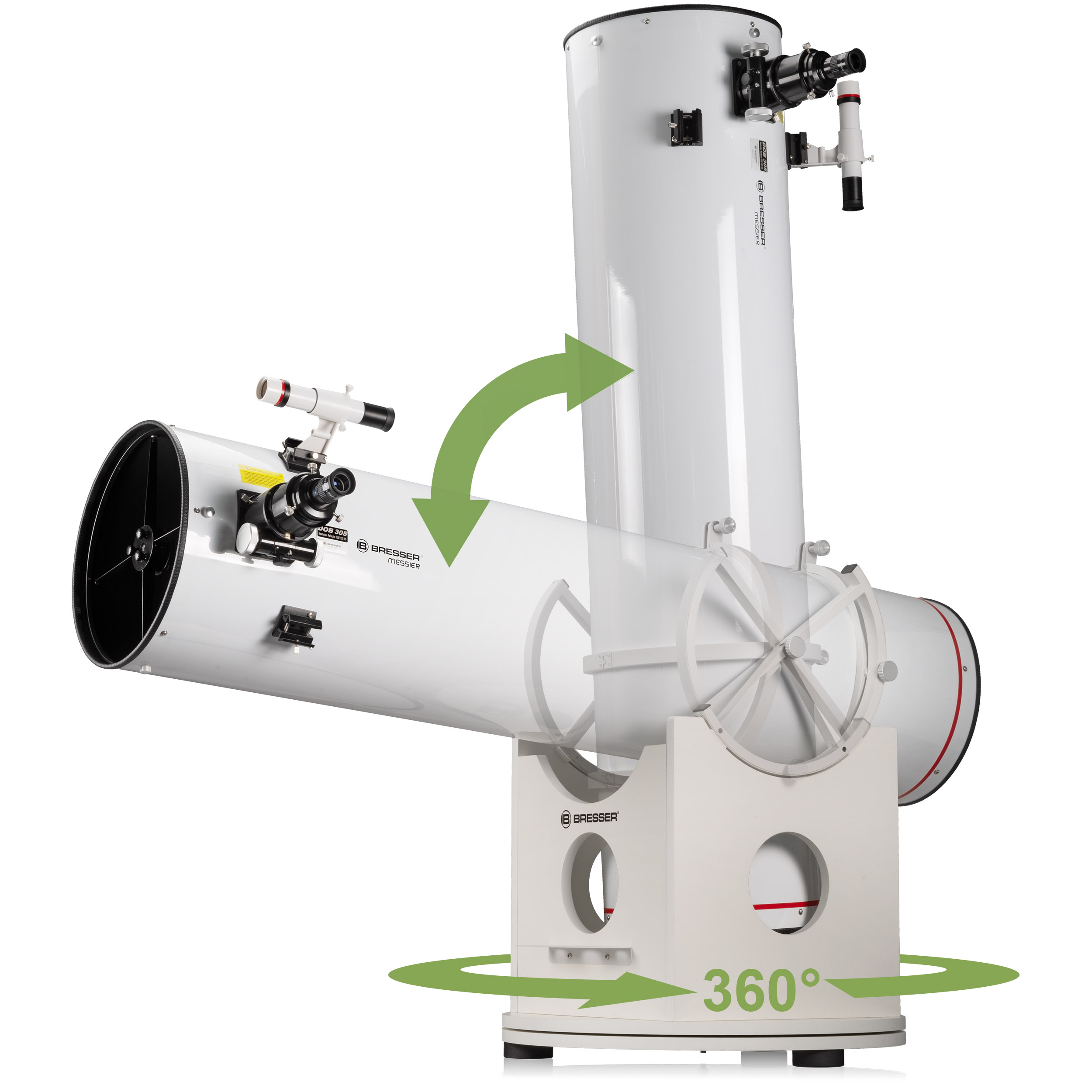 Telescopio girando con flechas verdes que indican rotación de 360 grados. Detalles en blanco y rojo.