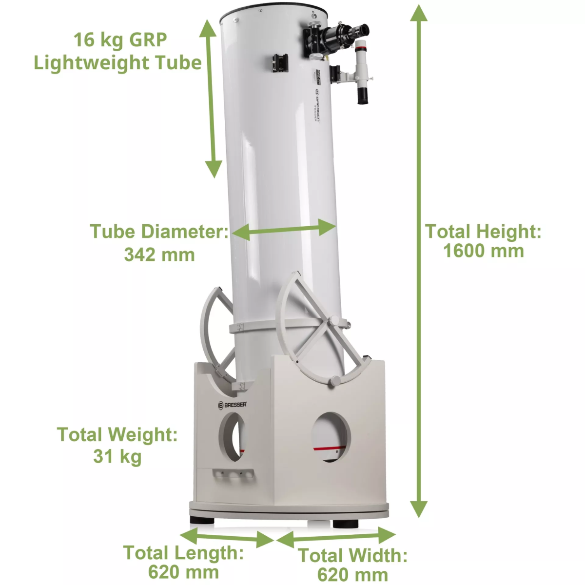 Telescopio blanco con dimensiones etiquetadas. Montado sobre una base blanca. Flechas verdes indican medidas.