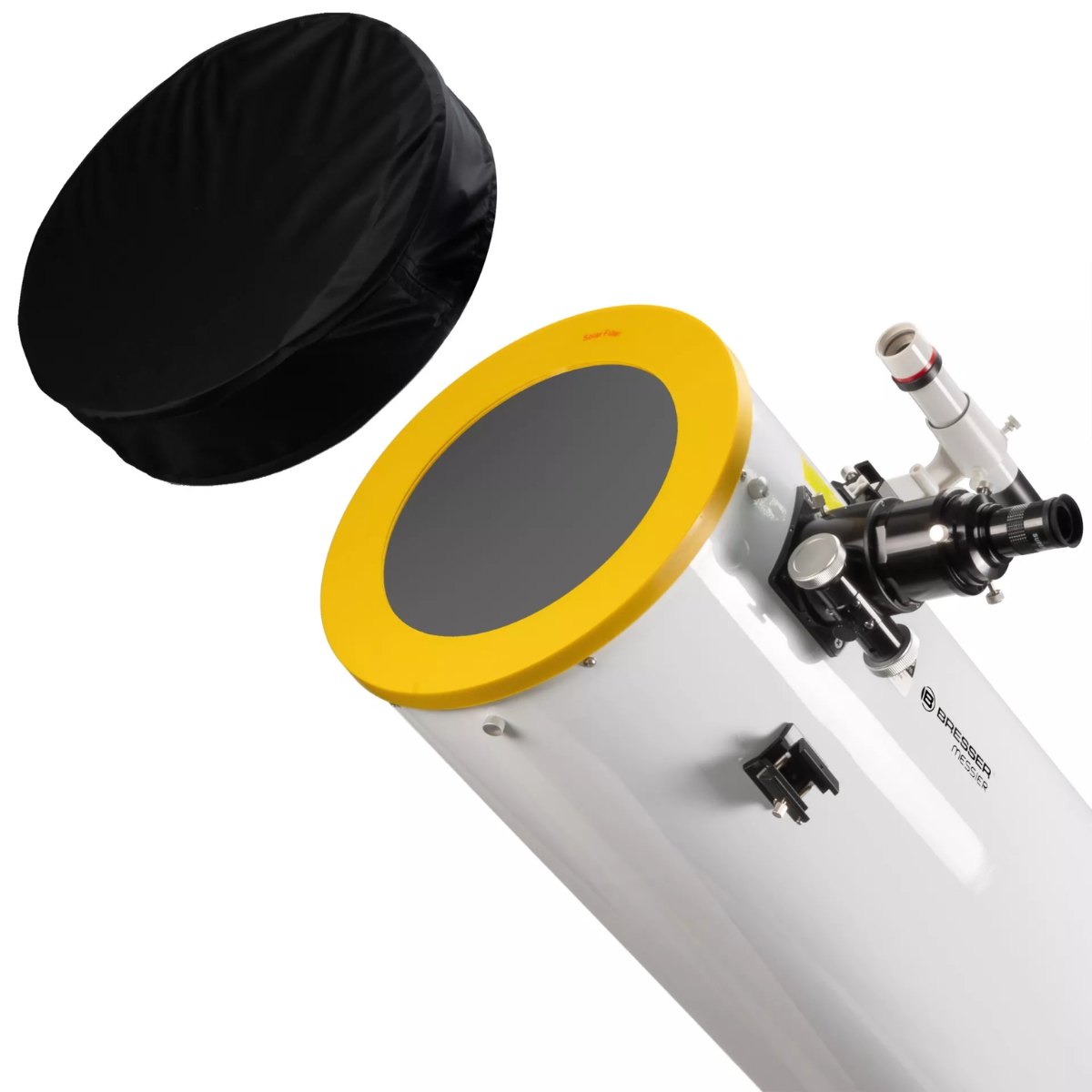 Telescopio blanco con anillo amarillo y cubierta negra.
