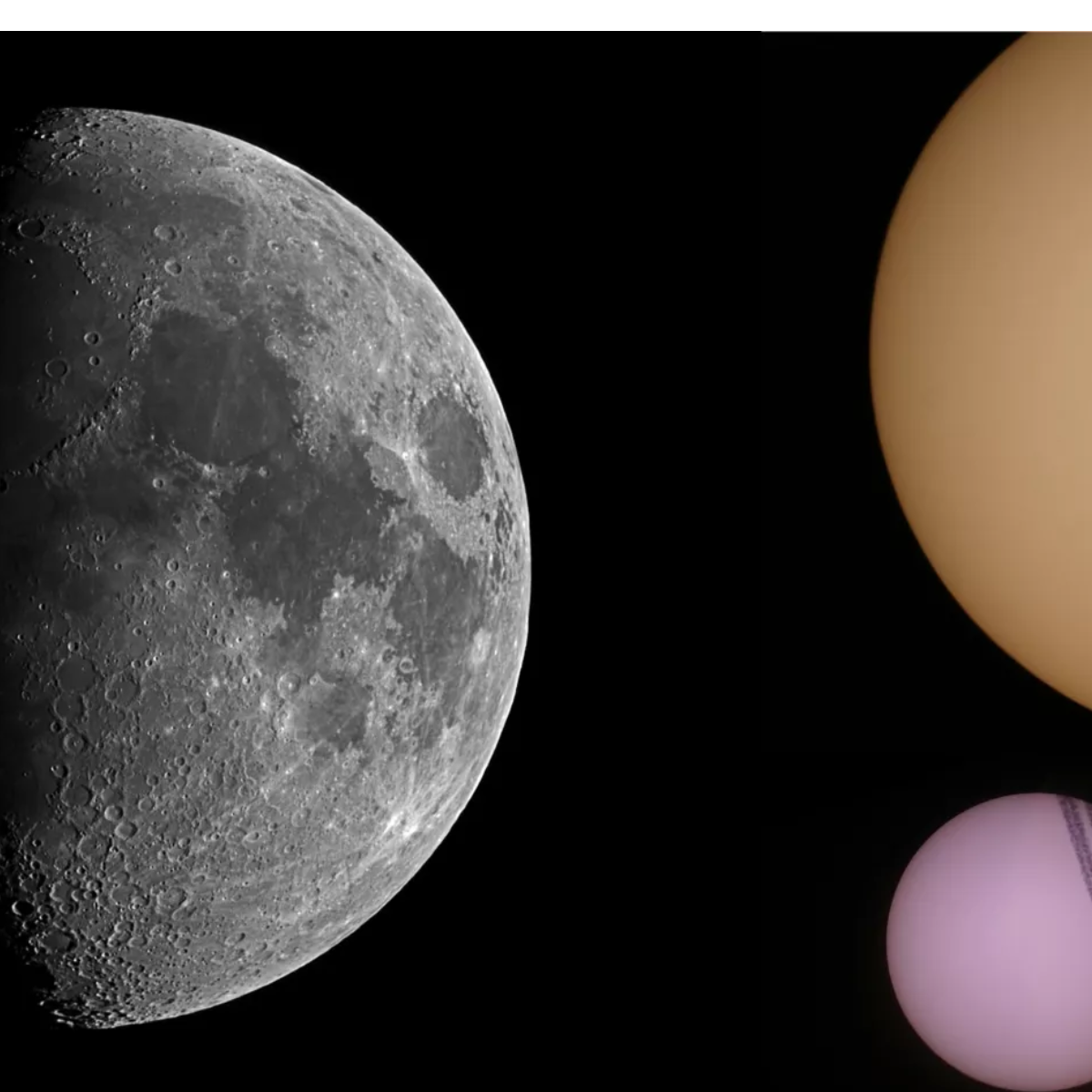 Mond, Erde und ein weiterer Planet im Weltraum dargestellt. Der Mond ist grau, andere Planeten sind orange und lila.