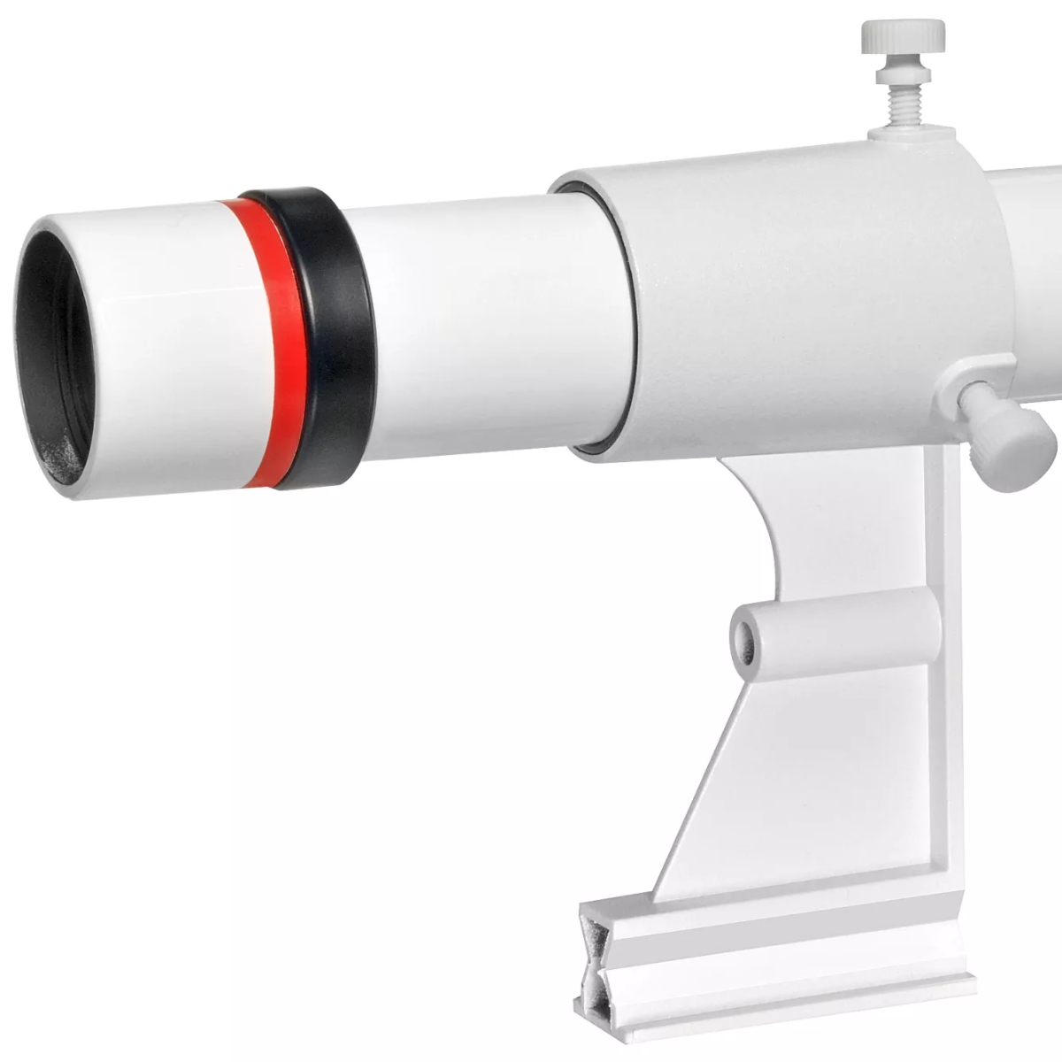 Tubo de telescopio blanco con detalles rojos y negros, y un soporte blanco.