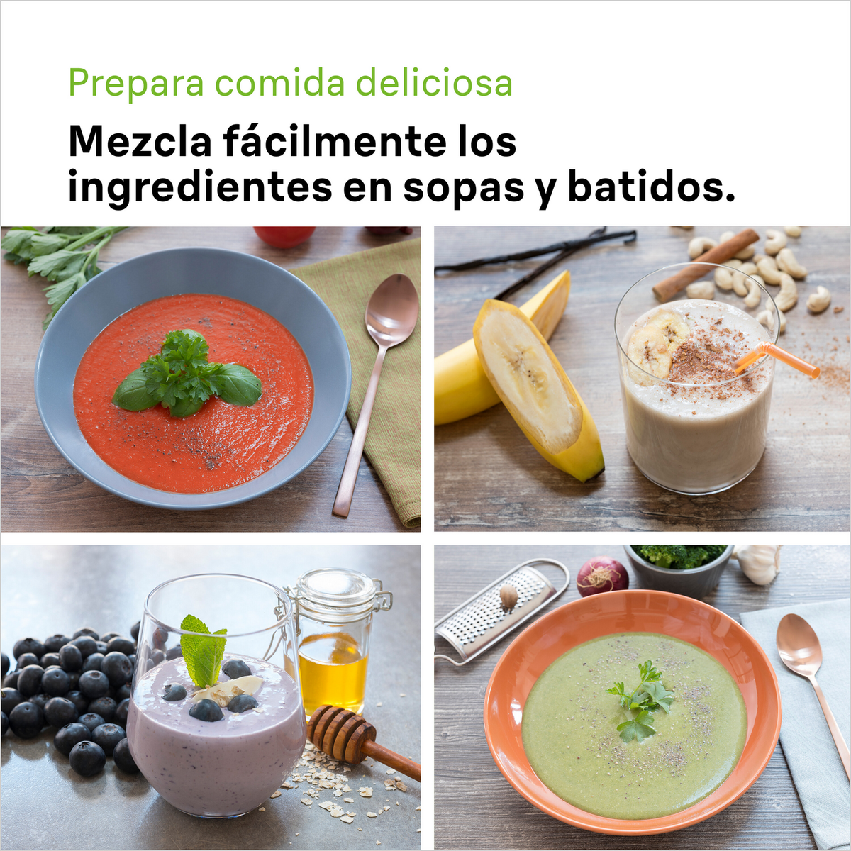 Cztery zdjęcia jedzenia: czerwona zupa, koktajl z bananem, koktajl z jagodami, zielona zupa.