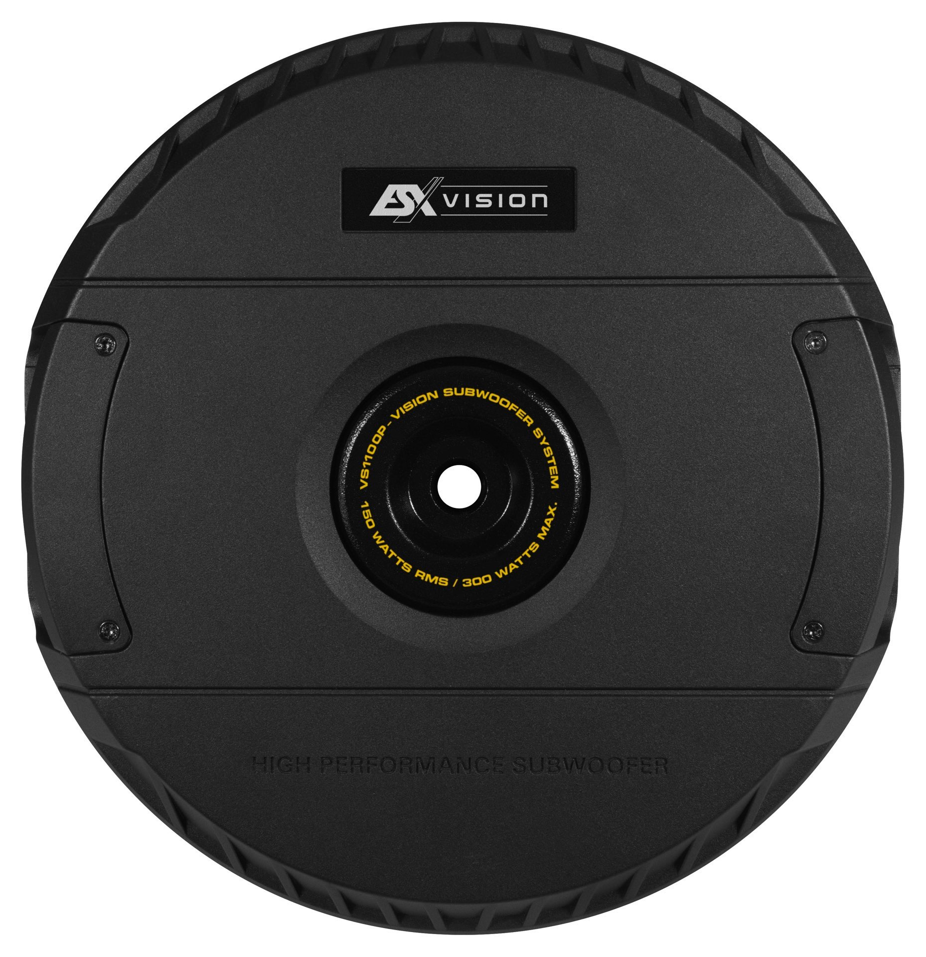 Schwarzer Subwoofer mit AX VISION Logo und Text. Runde Form, schwarzer Hintergrund.