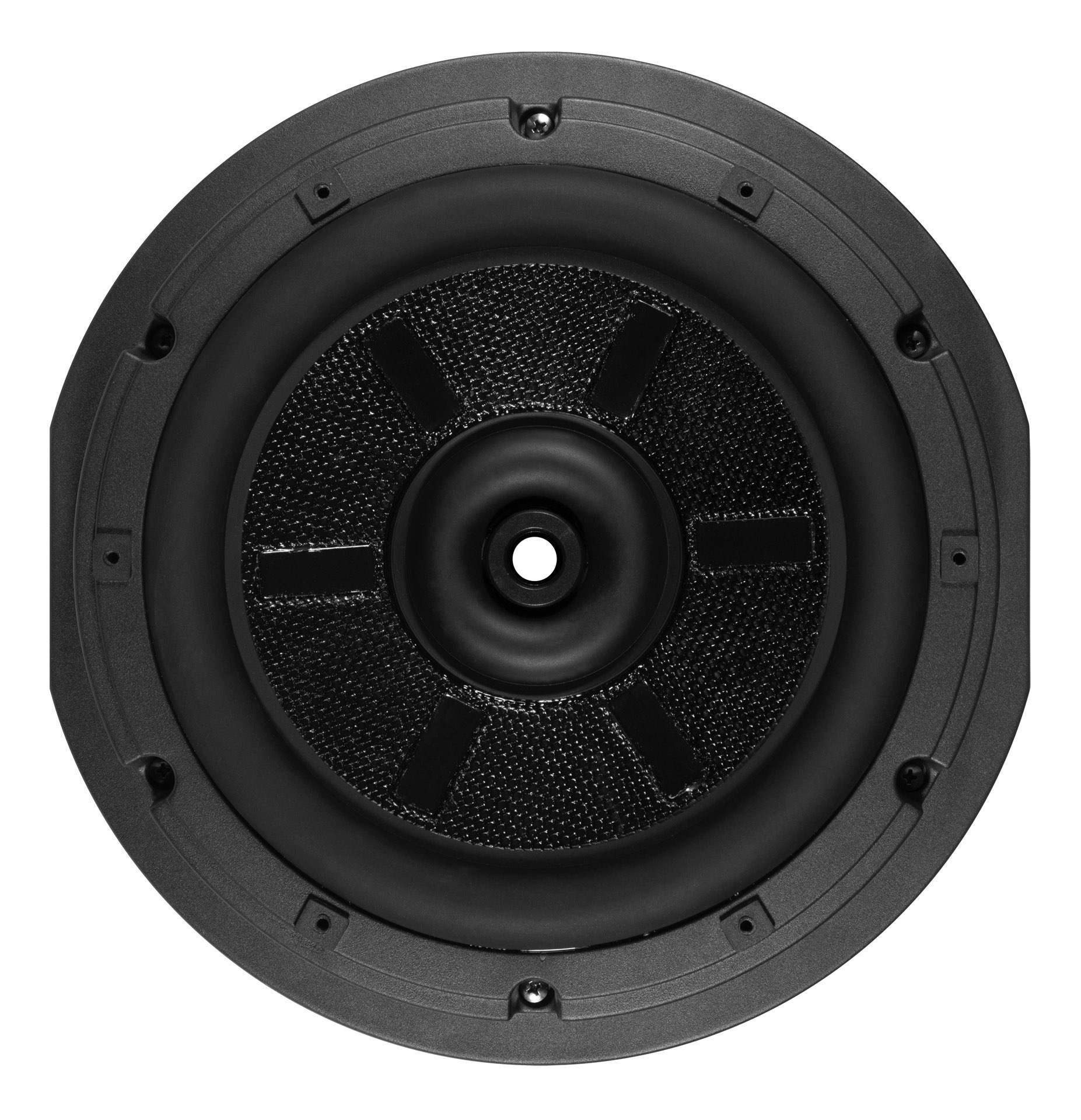 Ein schwarzer Subwoofer-Lautsprecher. Der zentrale Konus ist von einem Netz und einem kreisförmigen Rahmen umgeben.