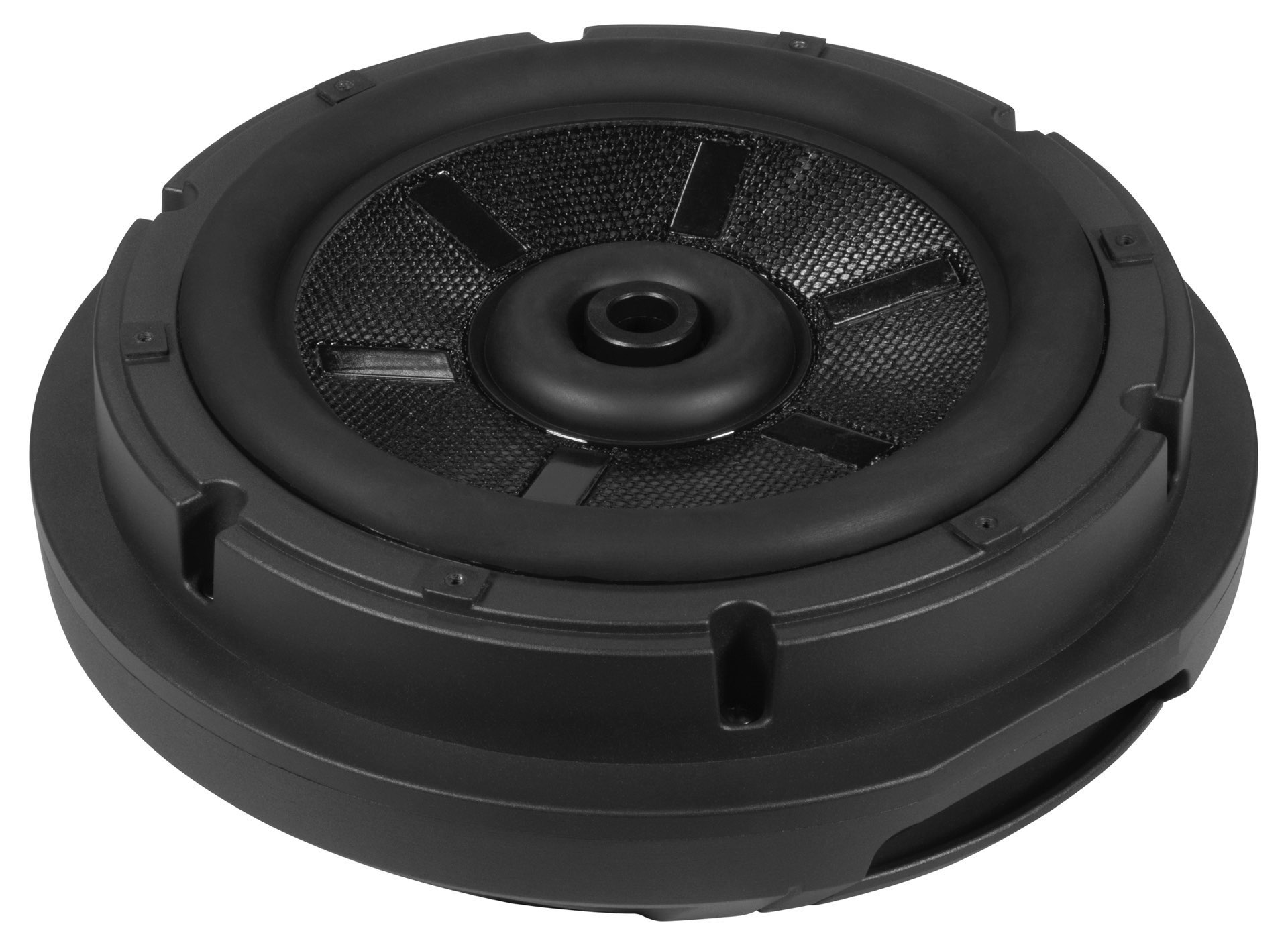 Schwarzer Subwoofer-Lautsprecher mit einem Netz über der Lautsprechermembran. Er ist kreisförmig.