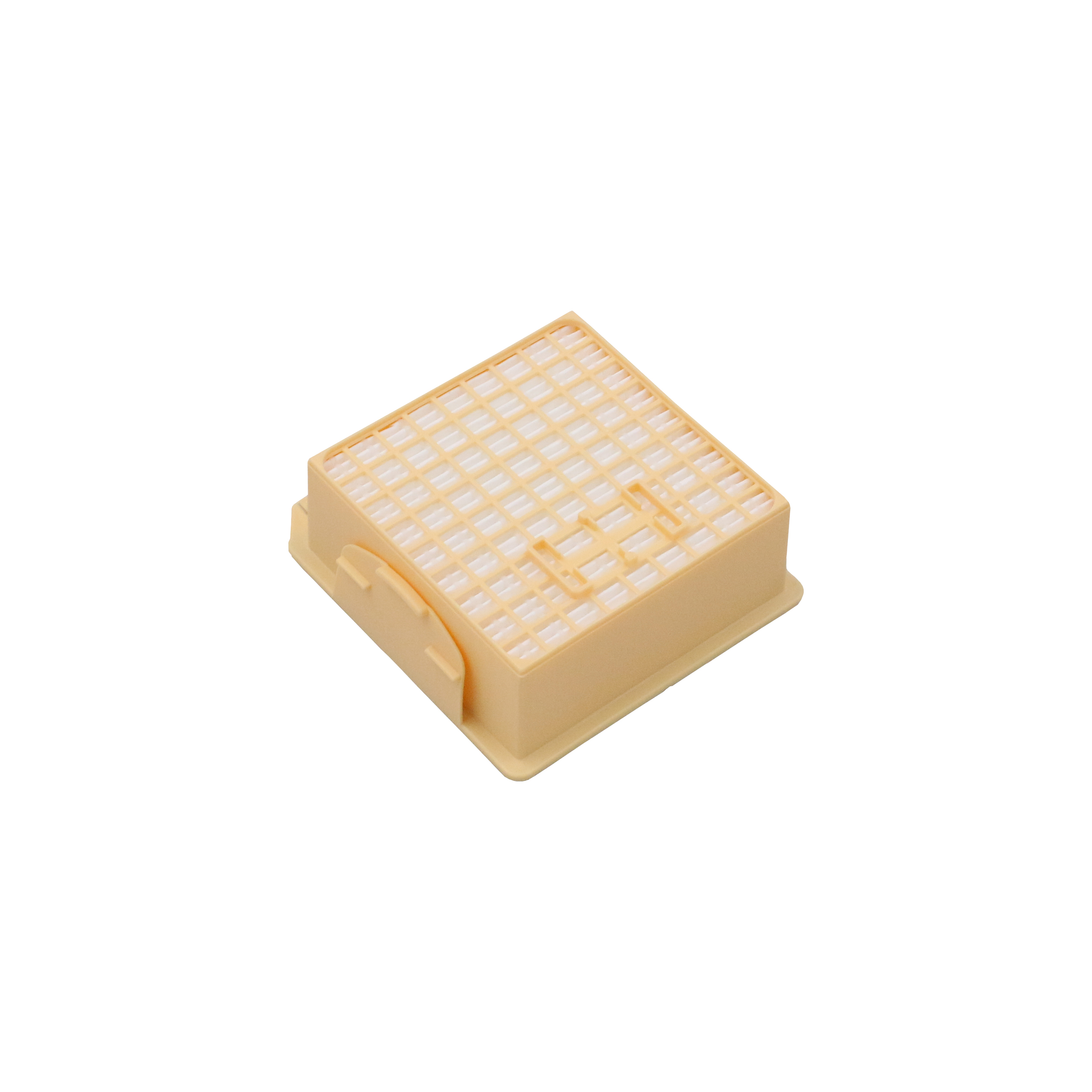 Quadratischer Luftfilter mit gelbem Rahmen. Weißes Gittermuster. Schräge Ansicht.