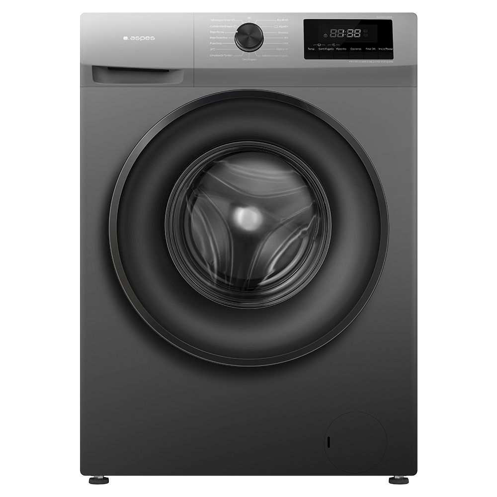 Szara pralka z czarnymi drzwiami i panelem sterowania. Posiada cyfrowy wyświetlacz z cyframi.