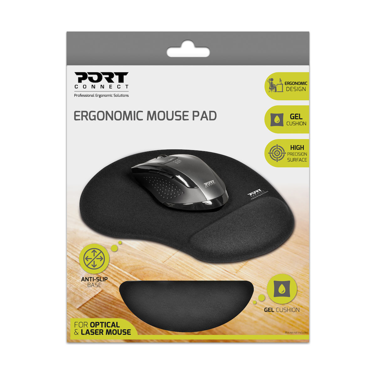 Tapis de souris ergonomique avec une souris noire, avec des icônes de coussin en gel et de base antidérapante.