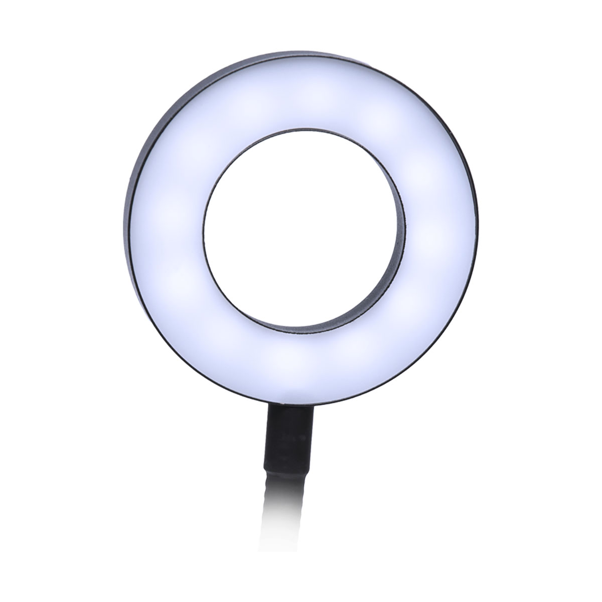 Ein Ringlicht mit hellweißen LED-Lichtern, auf einem schwarzen Ständer, vor weißem Hintergrund.