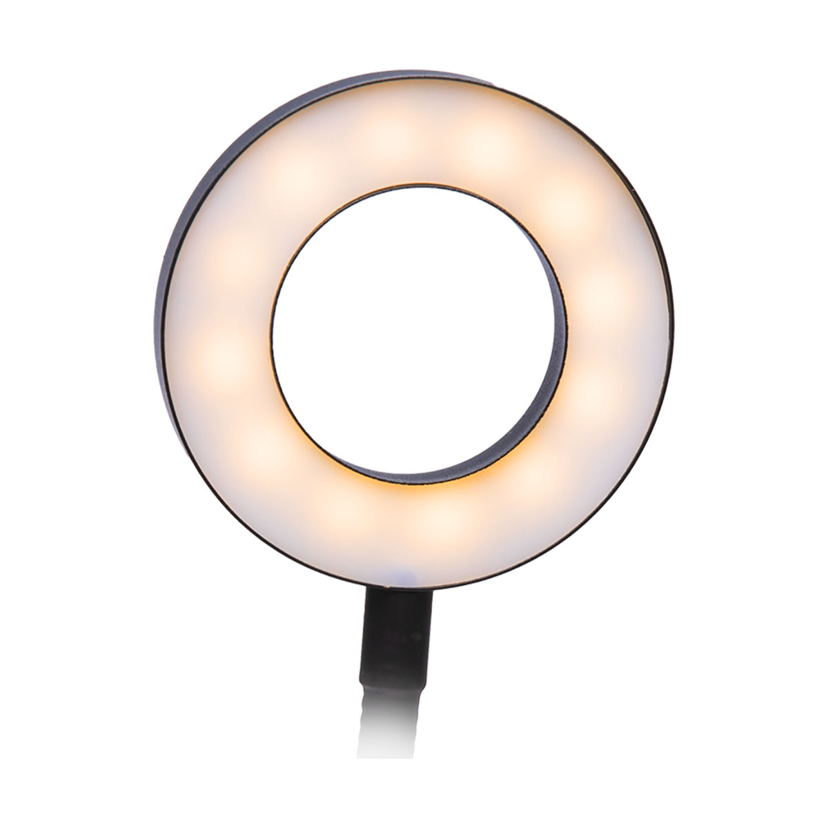 Ringlicht mit schwarzem Sockel. Es strahlt ein weiches, weißes Licht aus.