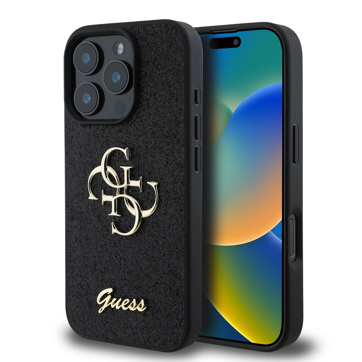 Schwarze Handyhülle mit goldenem Guess-Logo auf schwarzem Telefon.