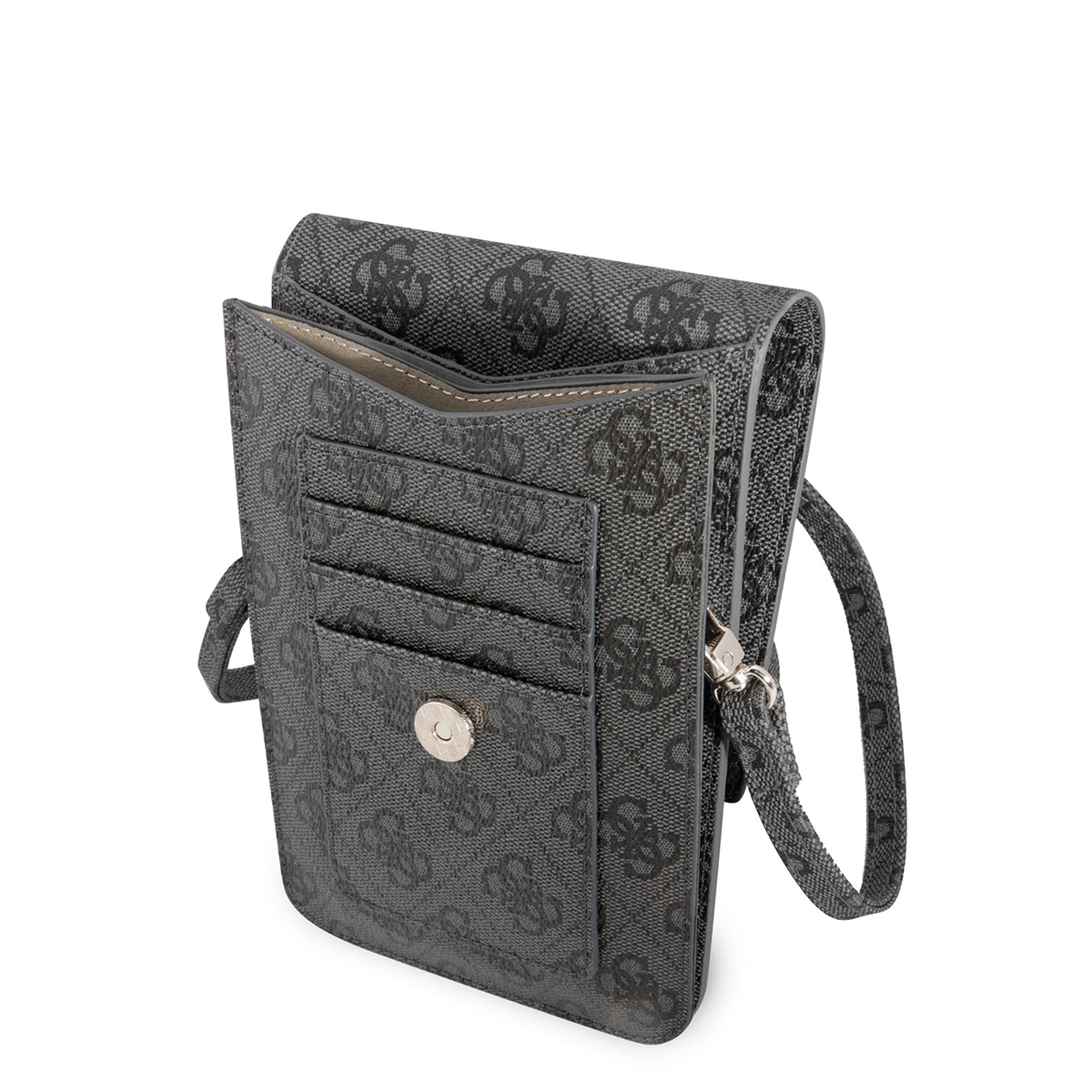 Una borsa per telefono Guess grigia, aperta, che mostra fessure per carte e l'interno della borsa con un cinturino.