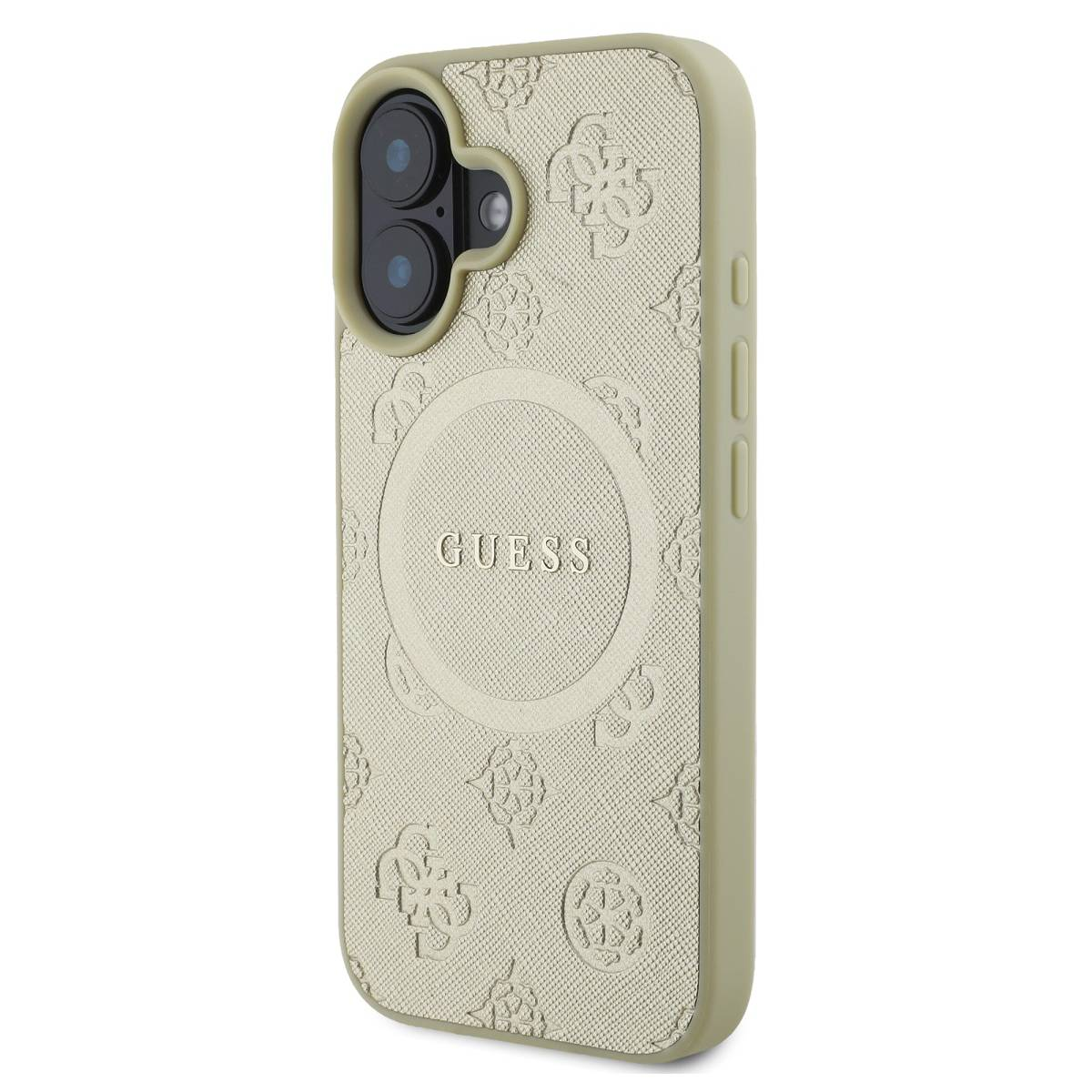 Custodia per telefono verde oliva con logo Guess, rilievo fotocamera e motivo strutturato.
