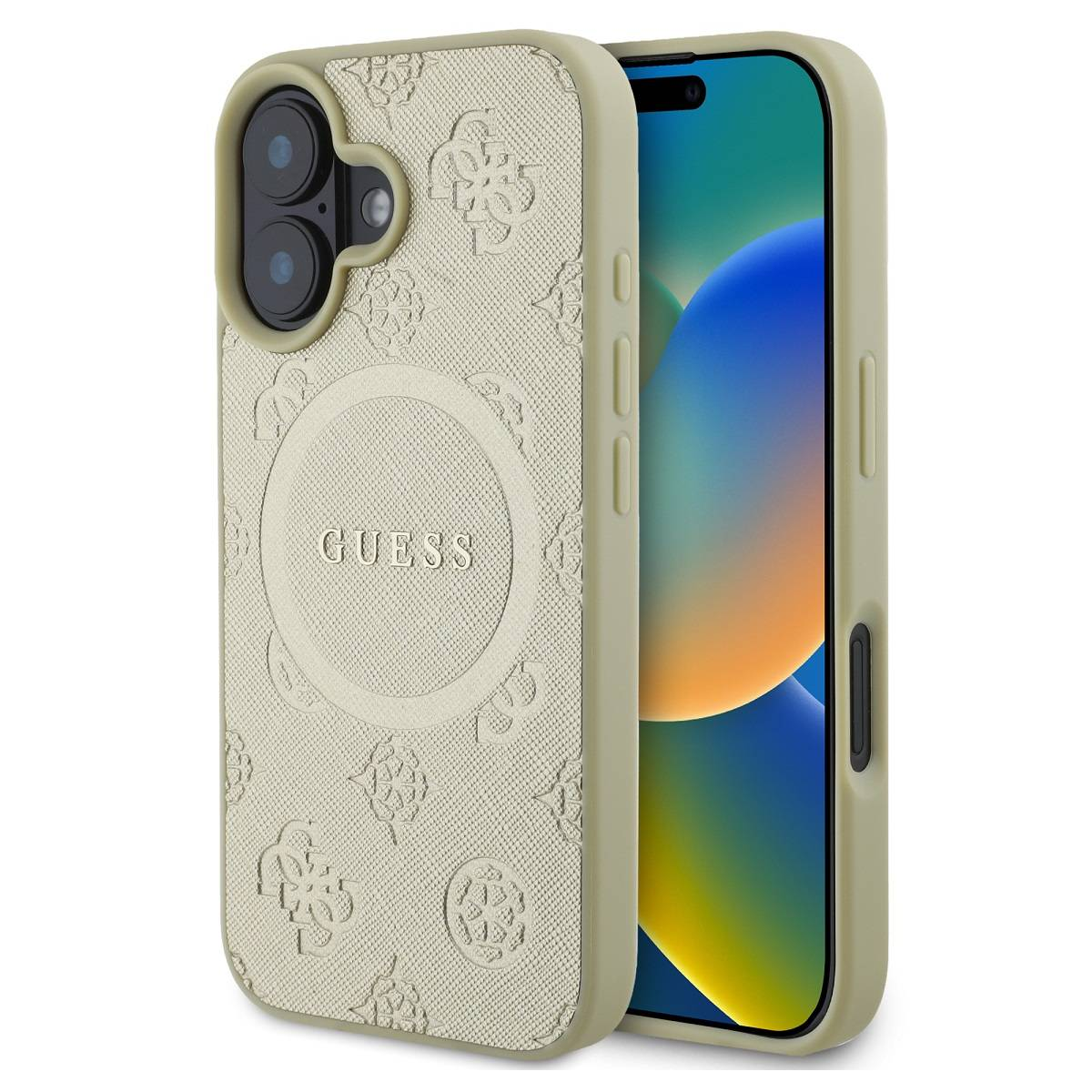 Una custodia per iPhone di colore beige chiaro. La custodia ha un logo GUESS e un foro per la fotocamera.