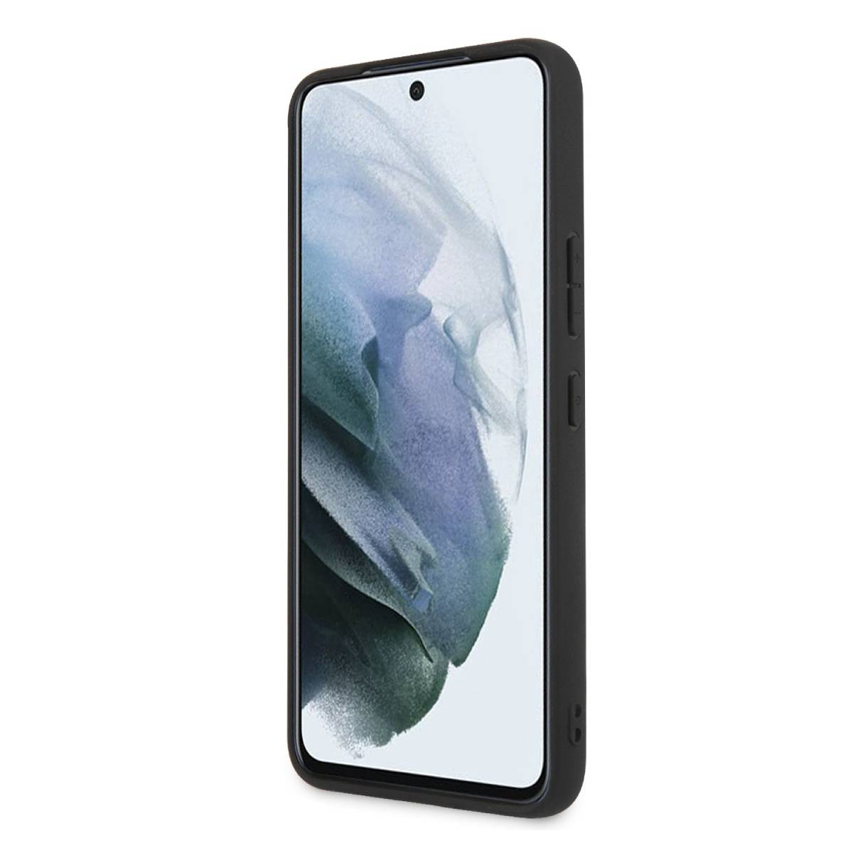Un telefono nero in una custodia nera è mostrato da una vista laterale su sfondo bianco.