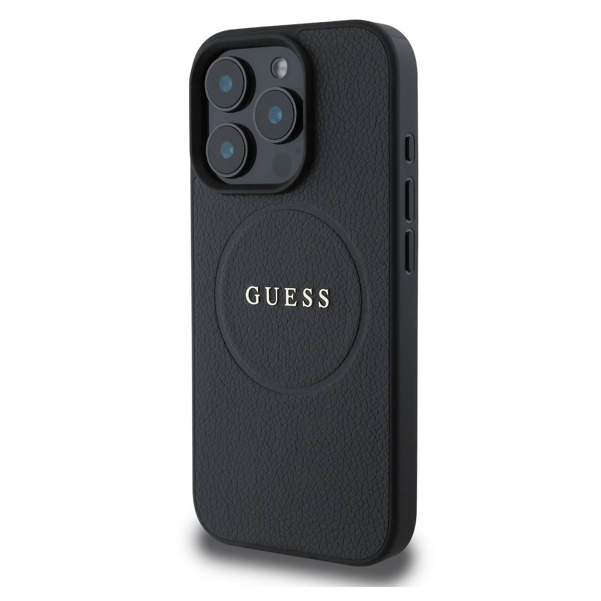 Una custodia per telefono nera con logo GUESS e ritagli per la fotocamera. Ha una superficie strutturata.