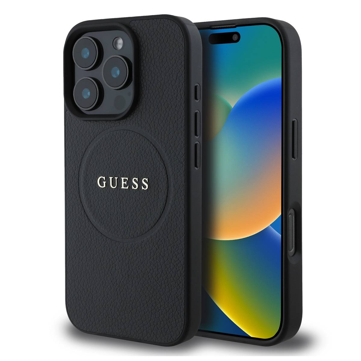 Custodia per telefono GUESS nera con un telefono nero. Il telefono mostra lo schermo.