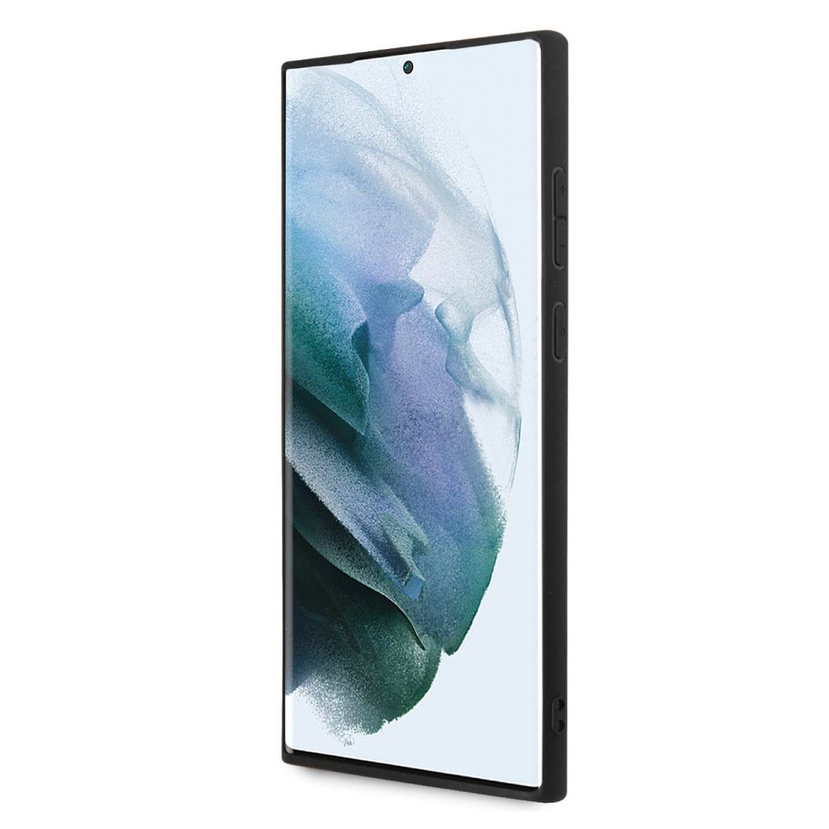 Una custodia nera con un telefono all'interno. Il telefono mostra un design astratto blu chiaro sullo schermo.