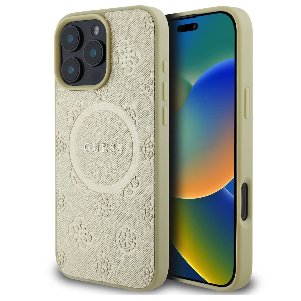 Custodia per telefono con telefono all'interno. La custodia è beige con un logo Guess.