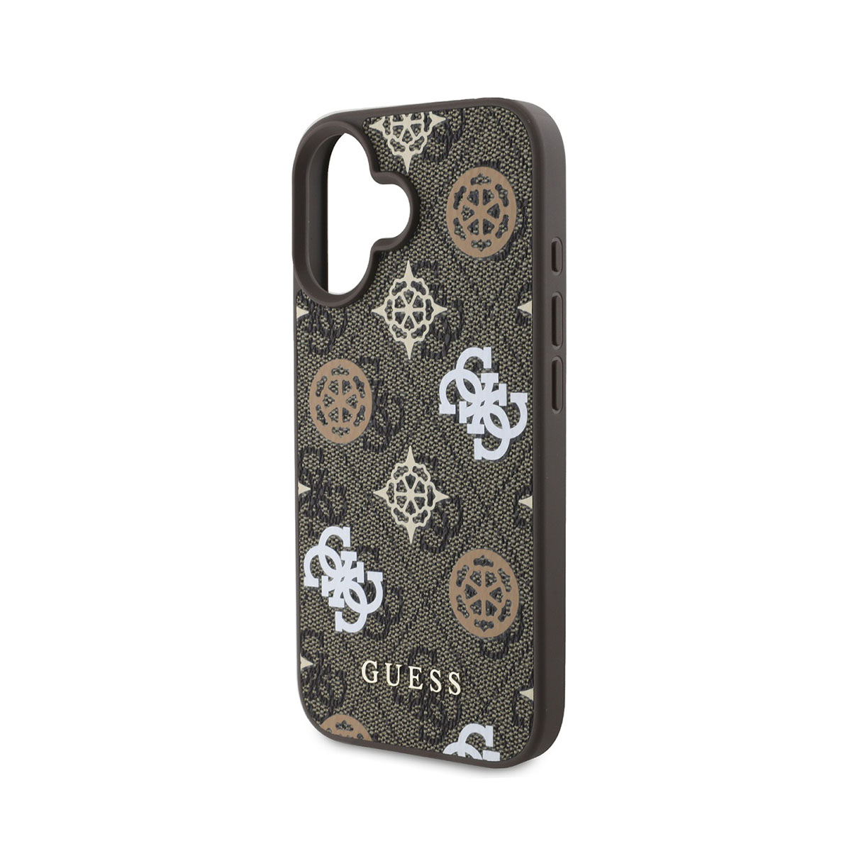 Custodia per telefono marrone fantasia con logo Guess e design ripetuto bianco e oro.