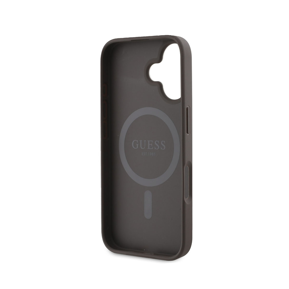 Una custodia per telefono grigio scuro con logo GUESS e un cerchio al centro. Su sfondo bianco.