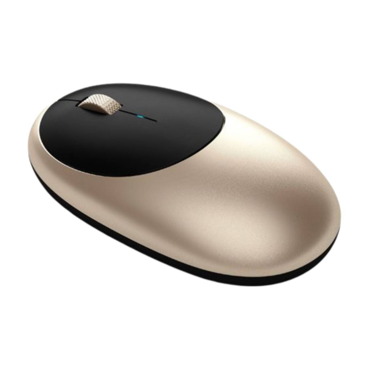 Goldene und schwarze Computermaus. Sie hat ein Scrollrad oben und ein elegantes Design.