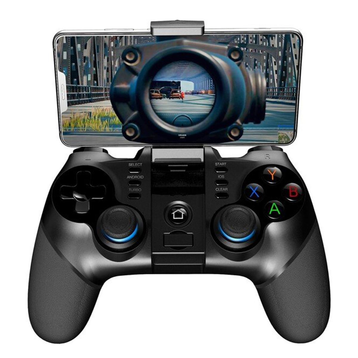 Czarny gamepad z dołączonym smartfonem. Telefon wyświetla interfejs gry.