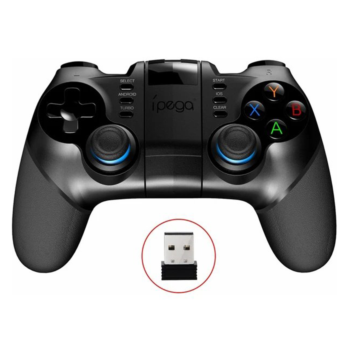 Czarny gamepad z przyciskami i odbiornikiem USB. Ma elegancki, nowoczesny design.