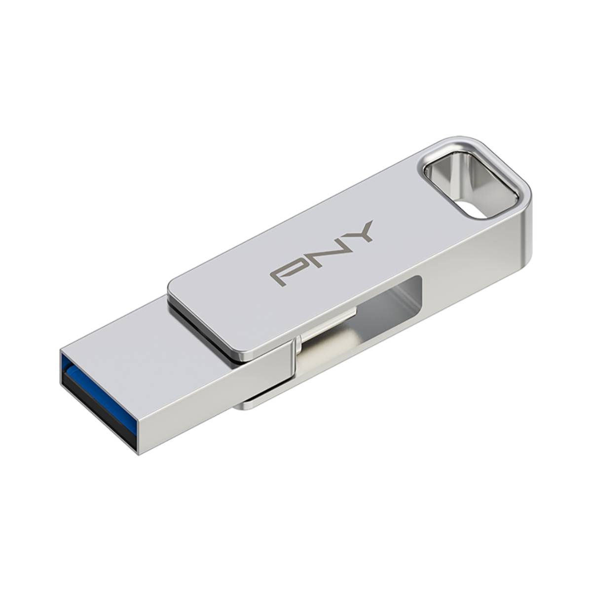 Srebrny pendrive USB z marką PNY na białym tle.