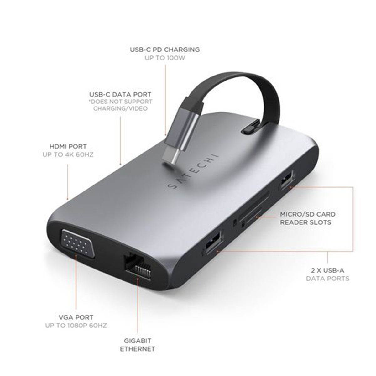 Un concentrador Satechi plateado con múltiples puertos: USB-C, HDMI, VGA, Ethernet y lector de tarjetas.