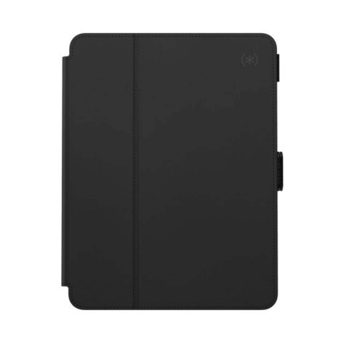 Custodia nera per iPad, chiusa. Ha una patta magnetica.